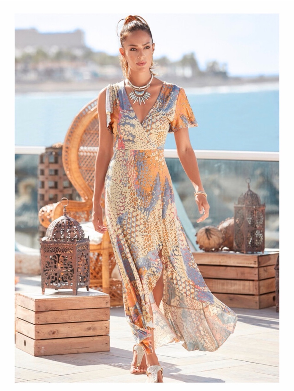Lascana for VENUS Surplice Maxi Dress in Orange Multi - S
